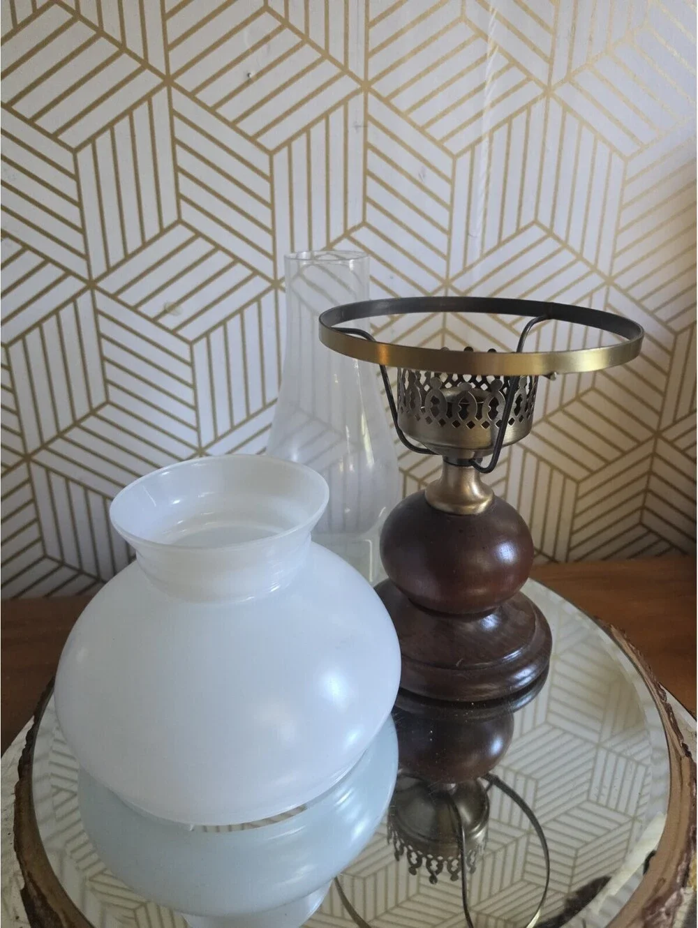 Vintage Hurricane Candle Lamp Wood & Brass Color With Chimney And Shade 14